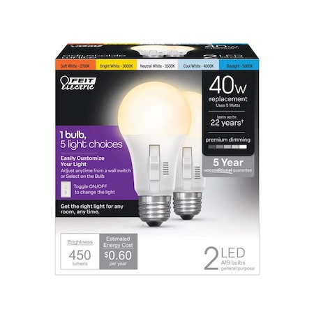Feit Electric Feit A19 E26 (Medium) LED Bulb Adjustable White 40 Watt Equivalence 2 pk OM40DM/6WYCA/2